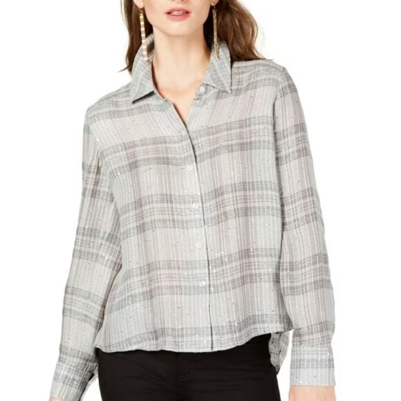 BRAND NEW I-N-C WOMEN'S PLAID SEQUIN BUTTON UP SHIRT - Picture 4 of 16